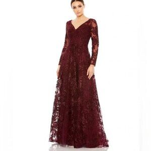 Mac Duggal Burgundy Lace V-Neck Long Sleeve Maxi Gown